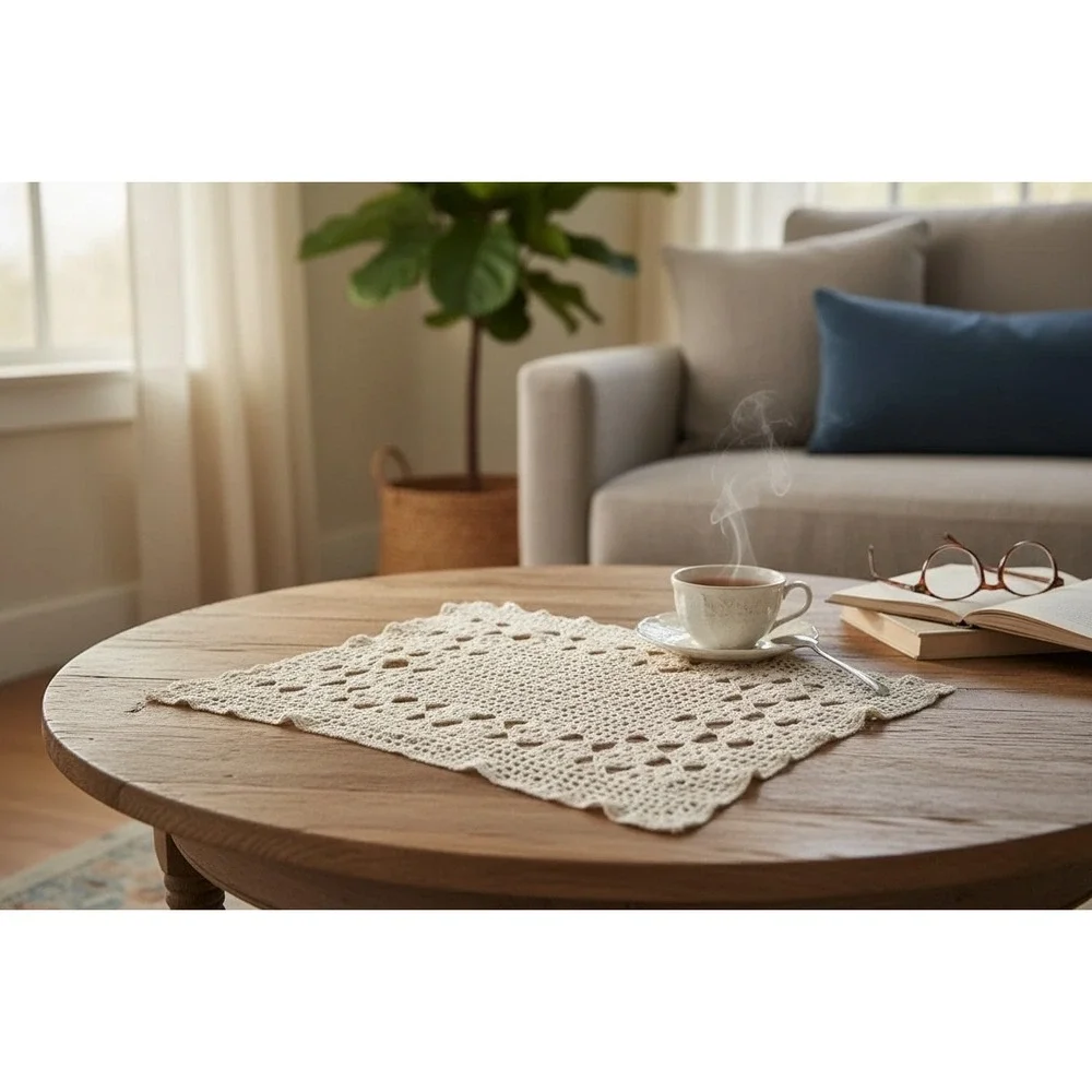 Vintage Victorian White Ivory Cottagecore Crochet Doily Rectangle Decor 4 PC Set